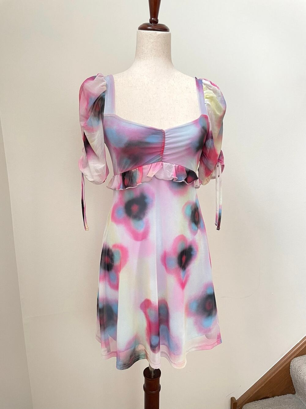 NWOT Topshop Abstract Floral Mesh Mini Dress Size S 4-6 Blue Pink Multi Artsy